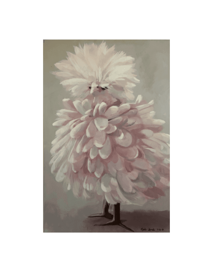 Alejandro — acrylic painting by Natalie Spinelli, white silkie chicken portrait