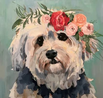 Bella — acrylic pet portrait by Natalie Spinelli, dog with flower crown