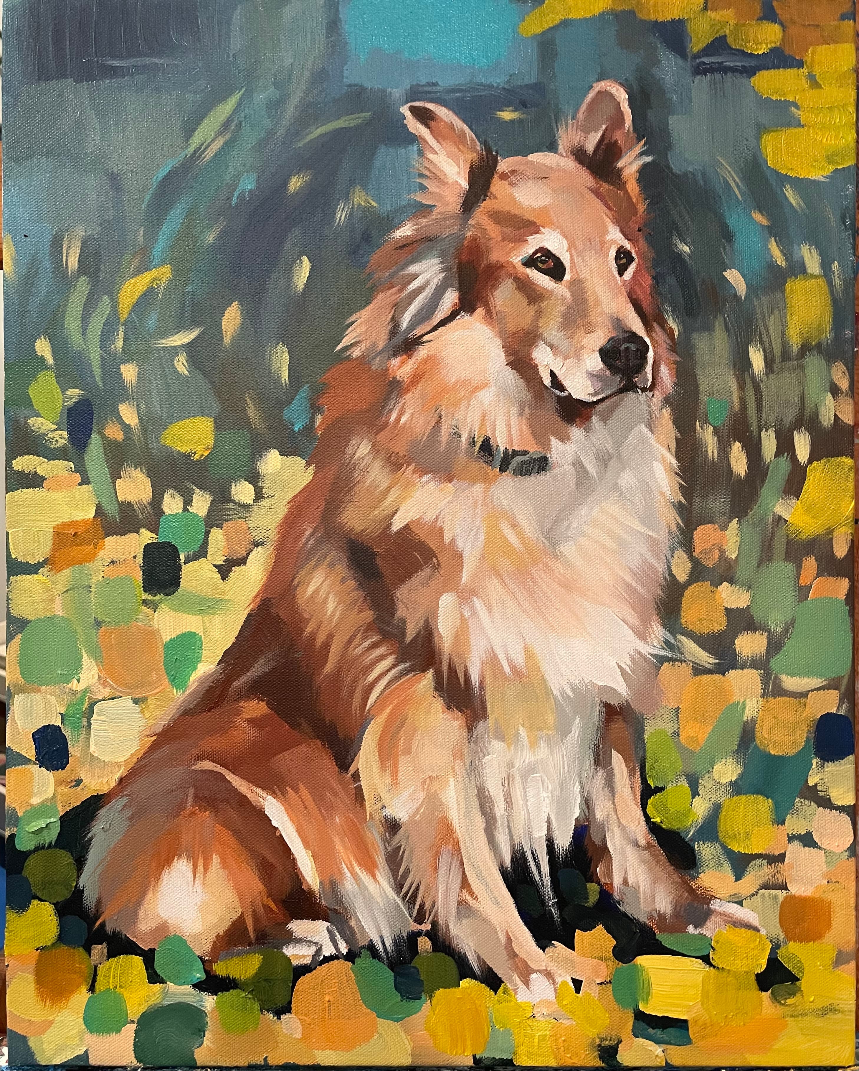 Autumn Collie — acrylic pet portrait by Natalie Spinelli, collie in autumn leaves