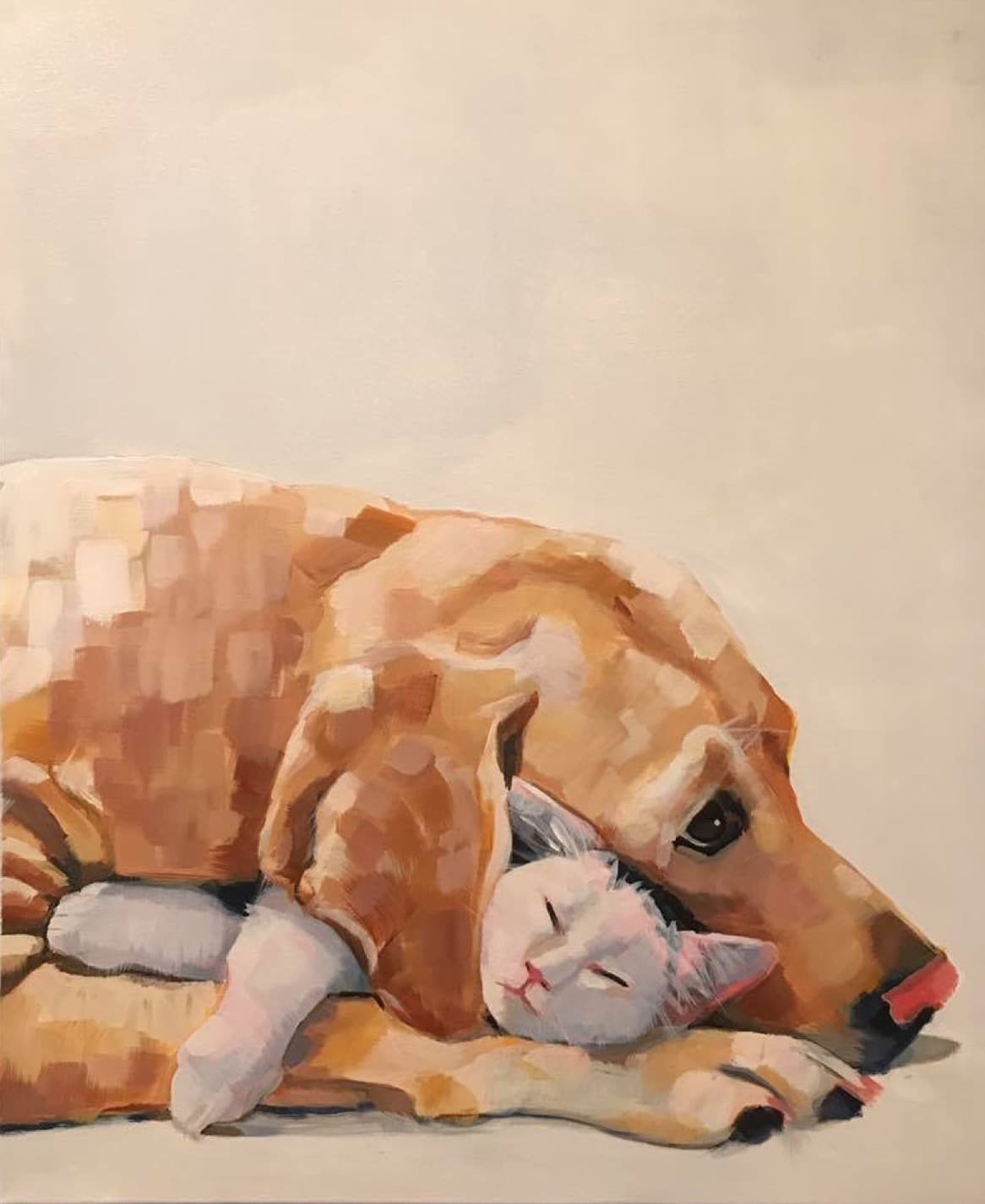 Best Friends — acrylic painting by Natalie Spinelli, golden dog cuddling white cat