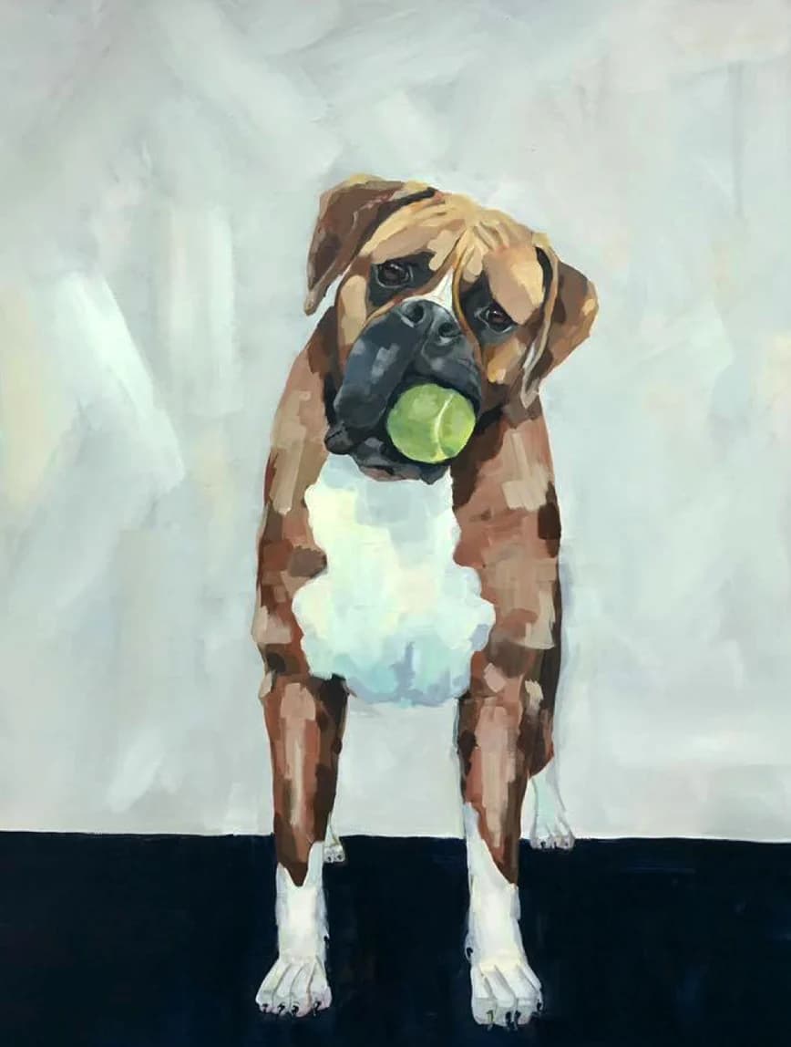 Henry — acrylic pet portrait by Natalie Spinelli, boxer with tennis ball