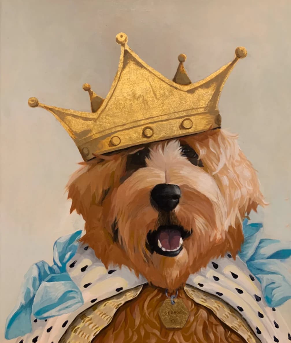King George — acrylic pet portrait by Natalie Spinelli, golden doodle in royal robes and crown