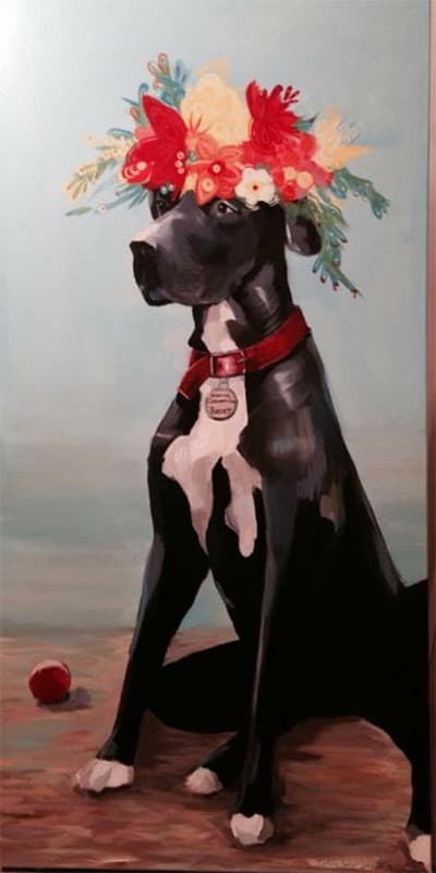 Jake the Giant Lover — acrylic pet portrait by Natalie Spinelli, black great dane with red flower crown