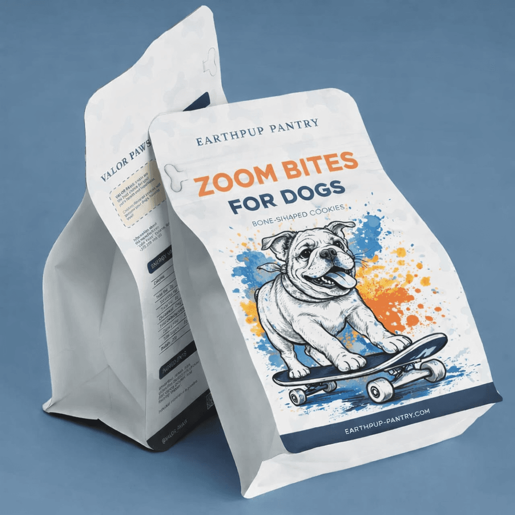 EarthPup Pantry Zoom Bites — packaging design by Natalie Spinelli with skateboarding bulldog
