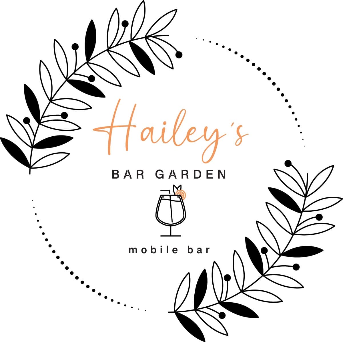 Hailey's Bar Garden — logo design by Natalie Spinelli, mobile bar with botanical wreath