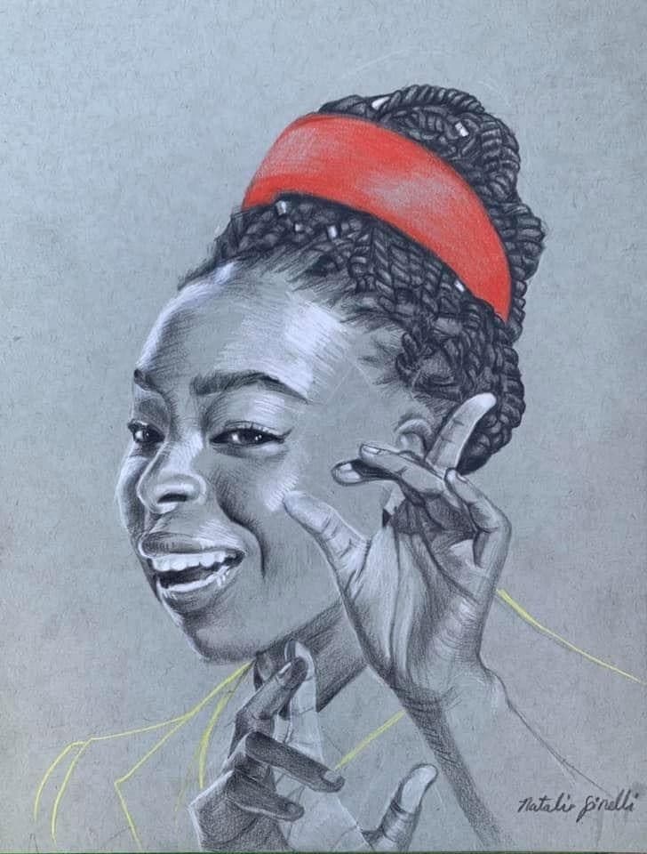 Amanda S.C. Gorman — graphite portrait by Natalie Spinelli with red headband