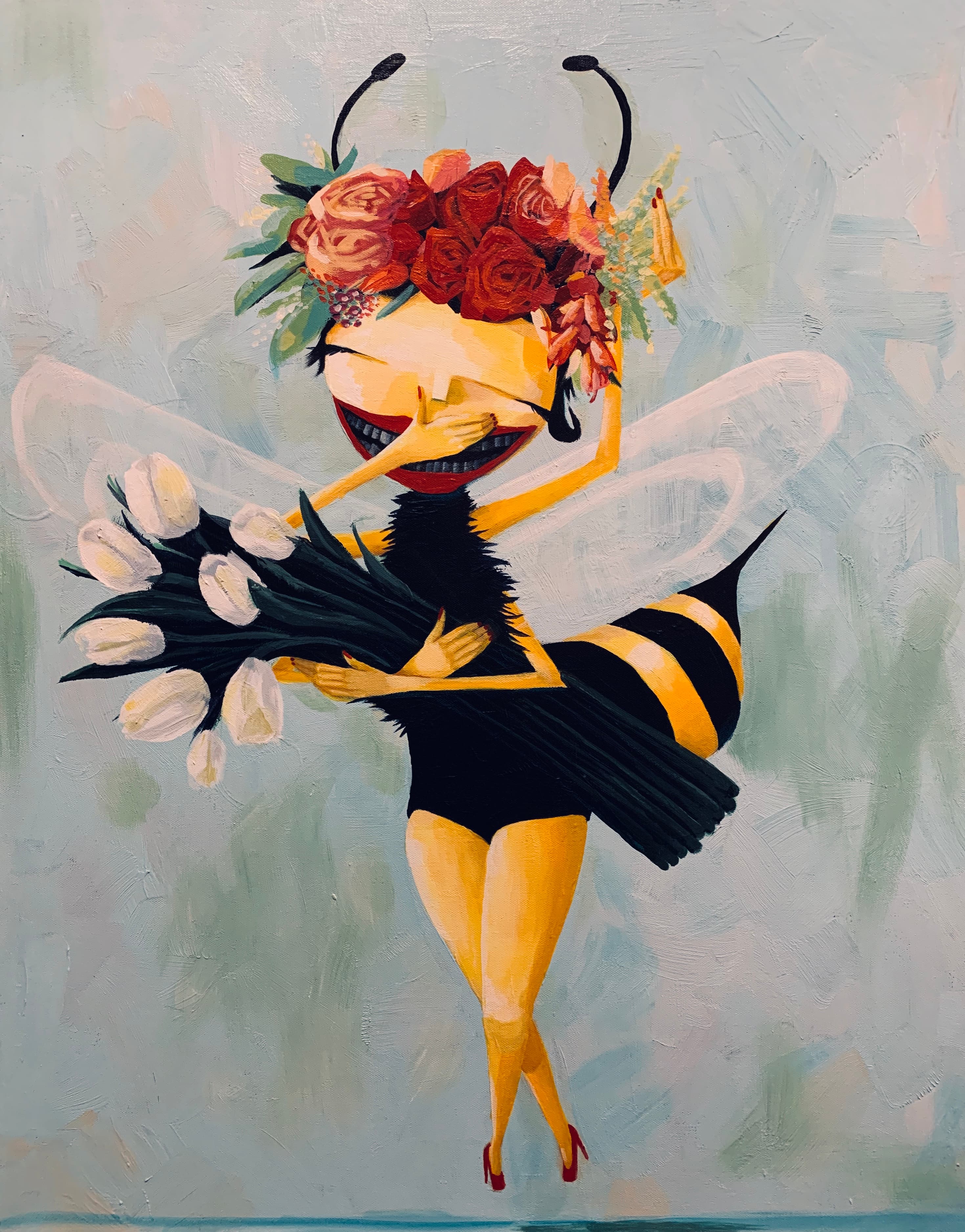 Queen Bee — acrylic painting by Natalie Spinelli, whimsical bee character with flower crown and tulips
