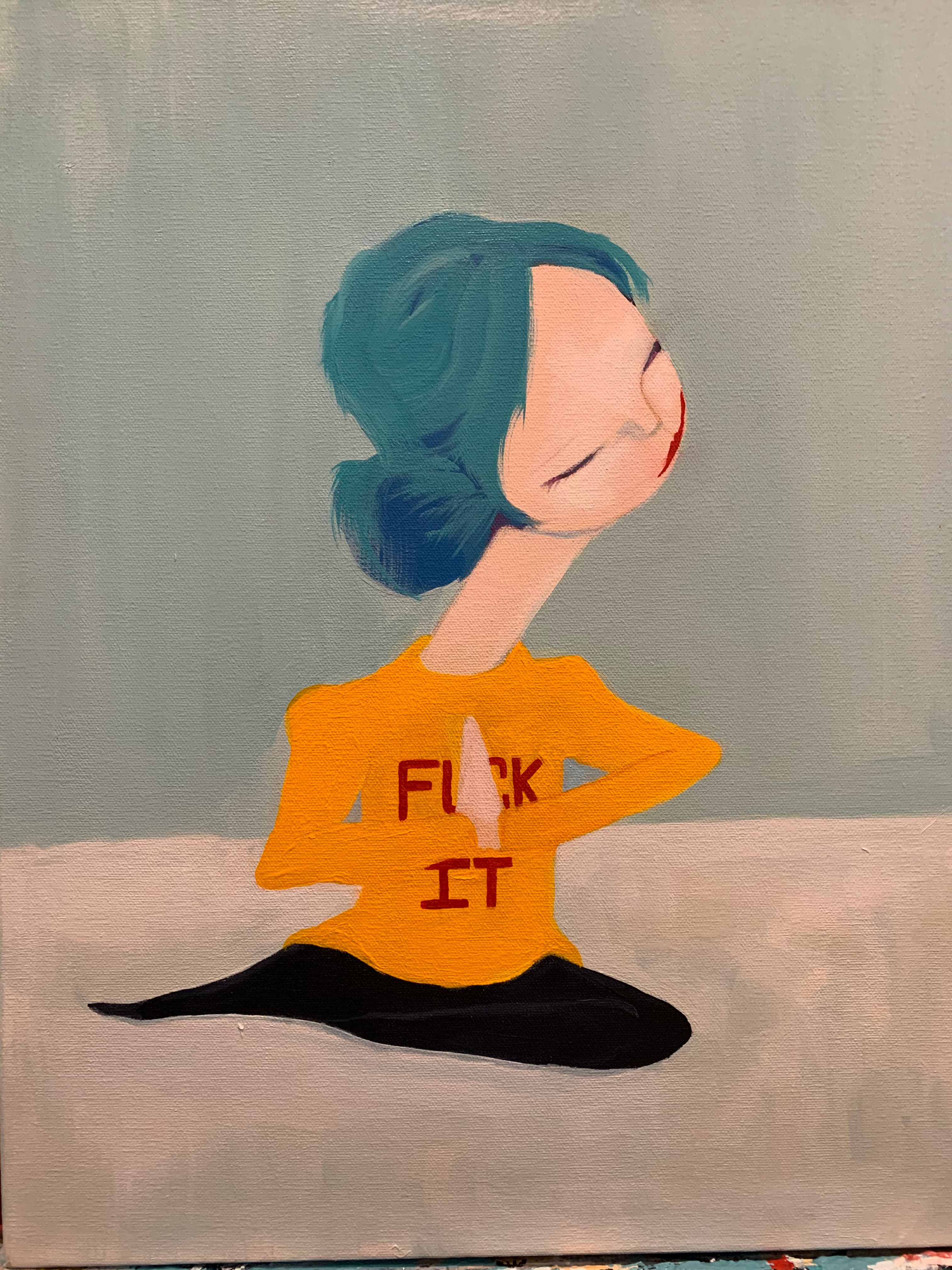 F It — acrylic painting by Natalie Spinelli, figure in yellow shirt with blue hair