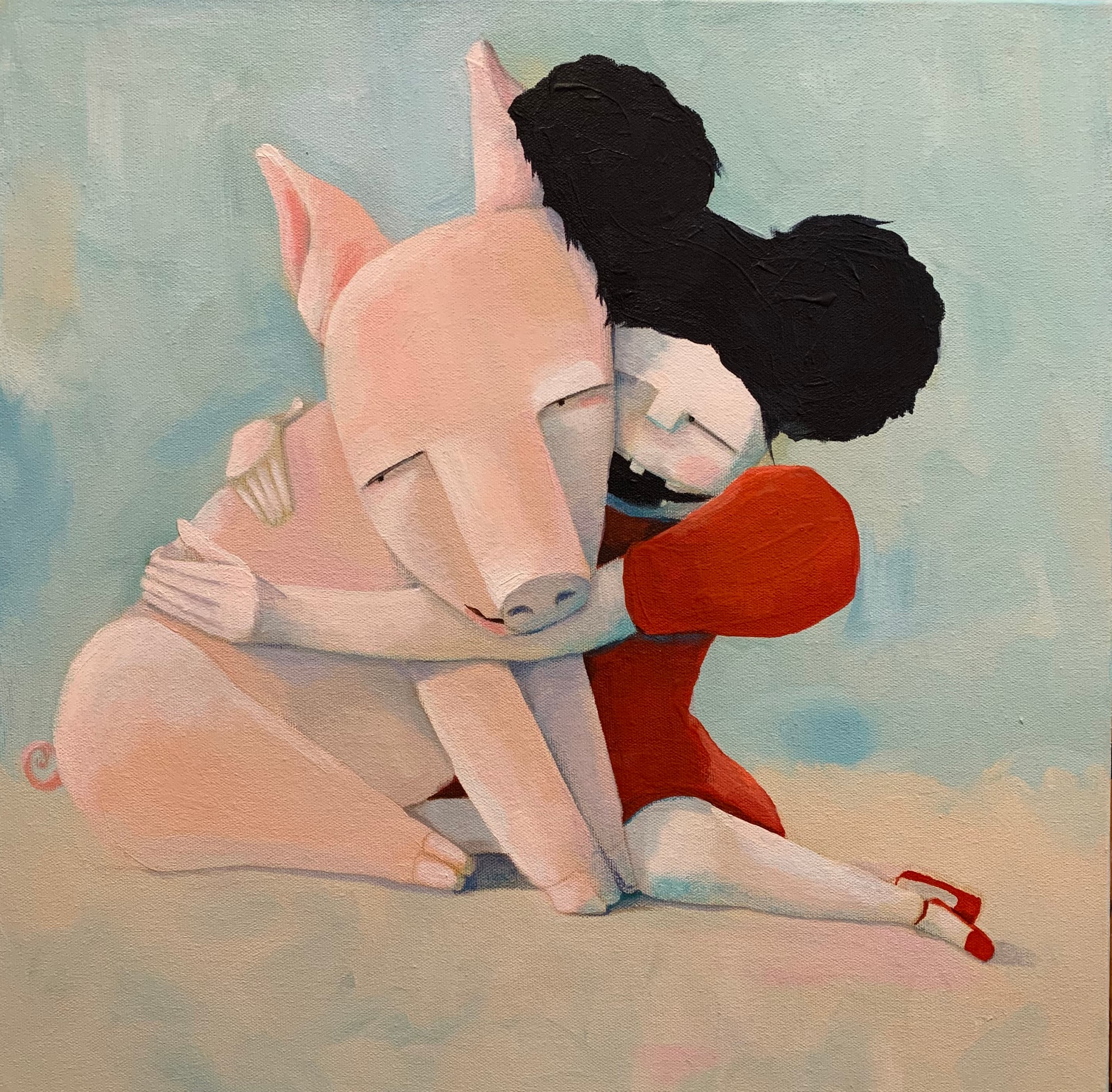 Once Upon a Time — acrylic painting by Natalie Spinelli, girl hugging a pig