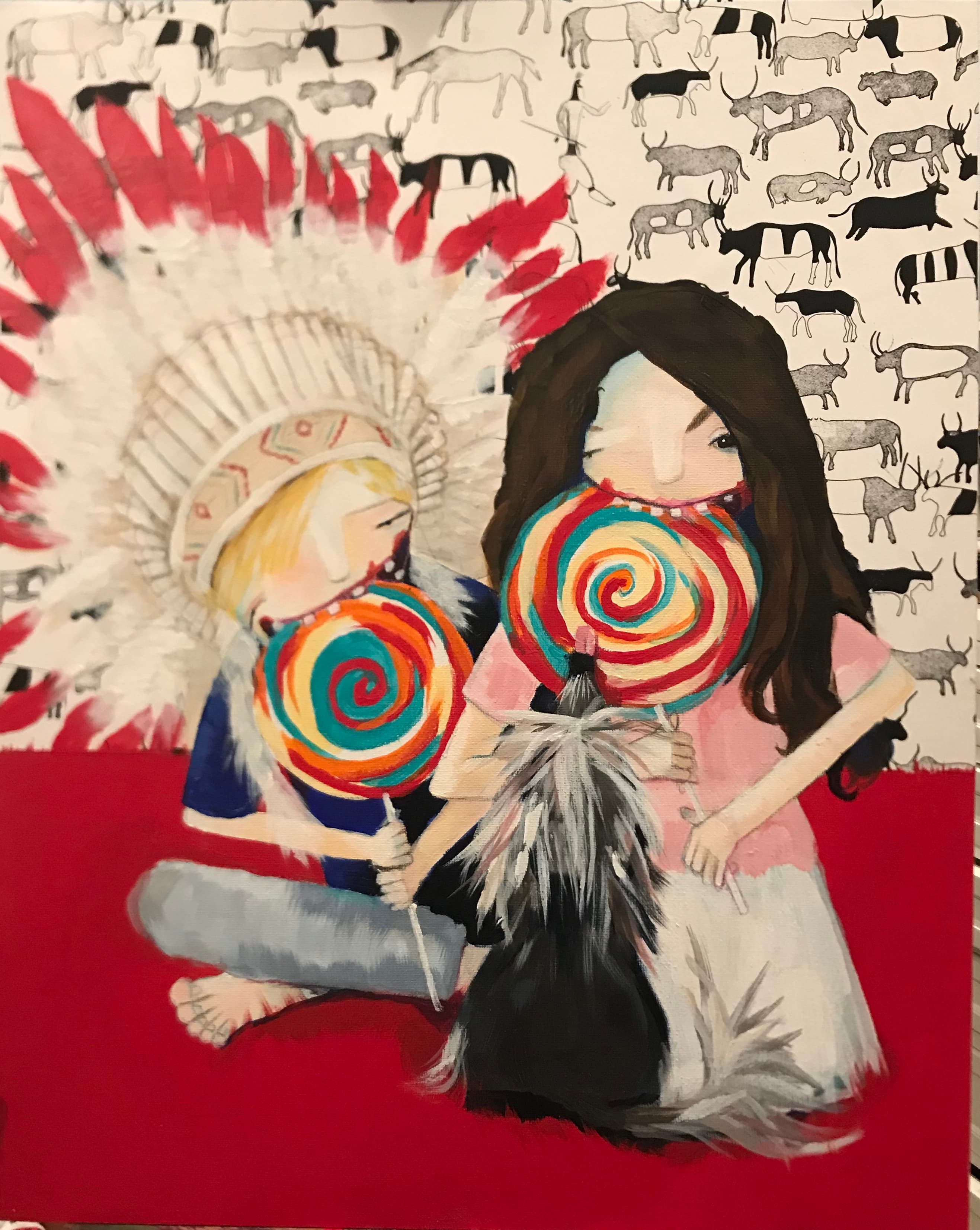 Sibling's — acrylic painting by Natalie Spinelli, two children with lollipops