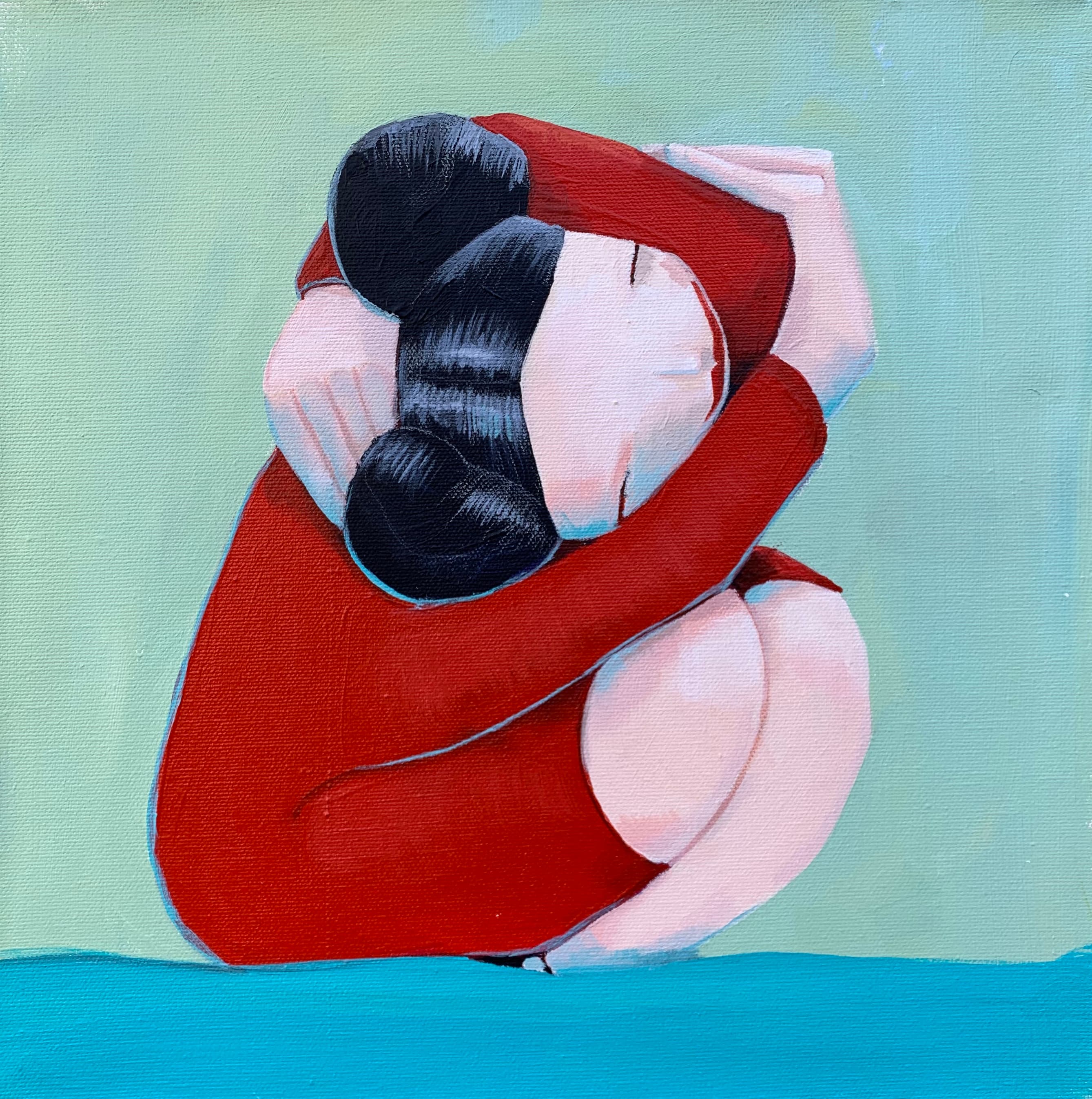Feel Your Feeling's — acrylic painting by Natalie Spinelli, two figures embracing in red