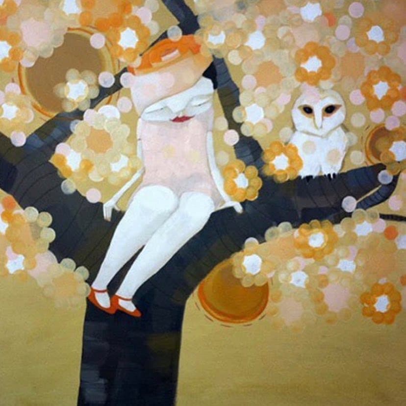 Disney Princess — acrylic painting by Natalie Spinelli, girl sitting in flowering tree with barn owl