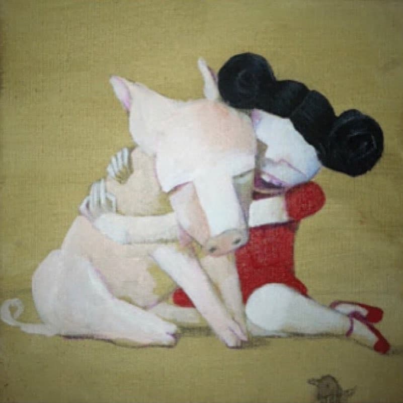 Piggy My Best Friend — acrylic painting by Natalie Spinelli, girl hugging pig on golden background