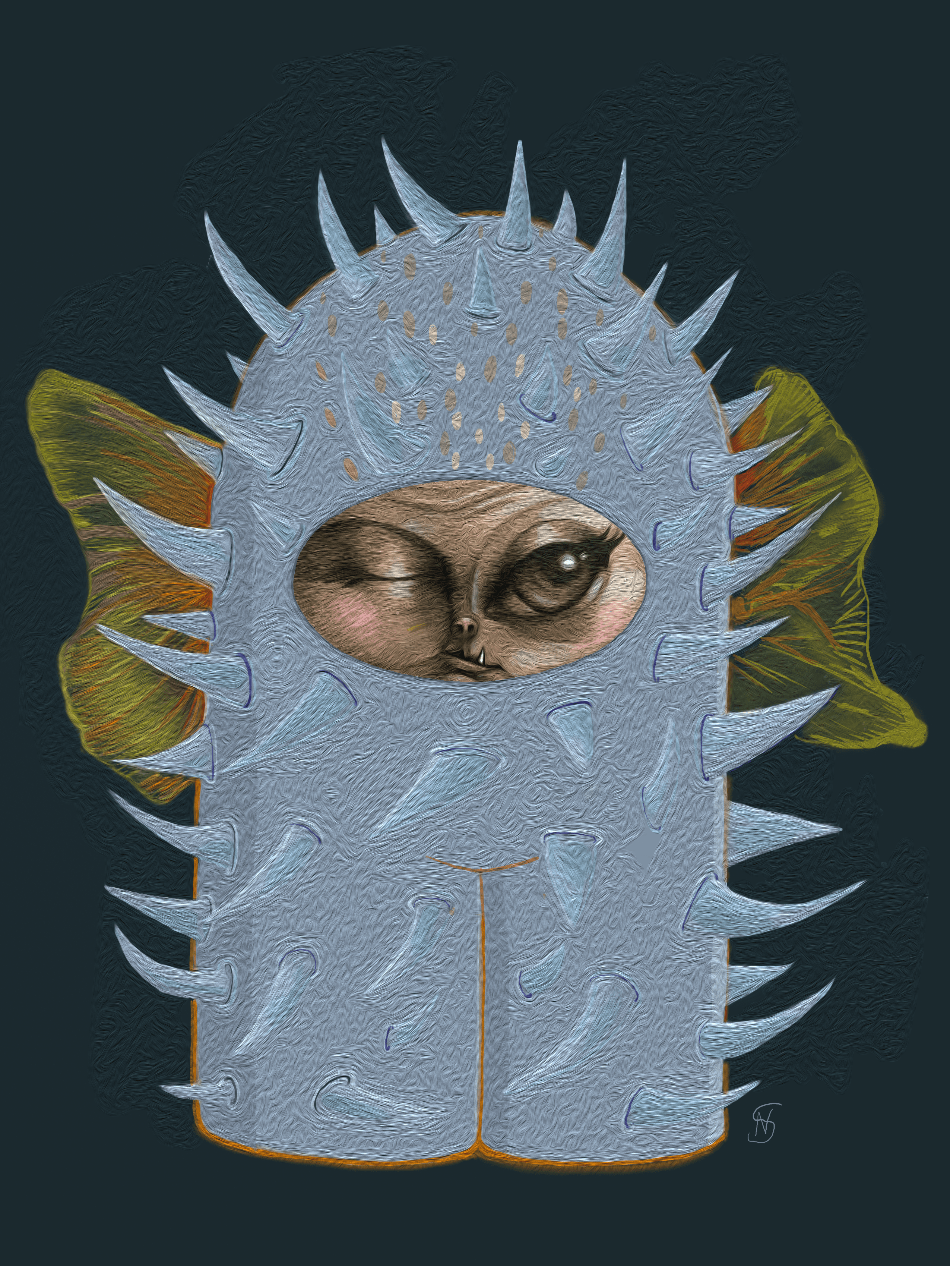 Puffer — digital illustration by Natalie Spinelli, spiky pufferfish character with wings