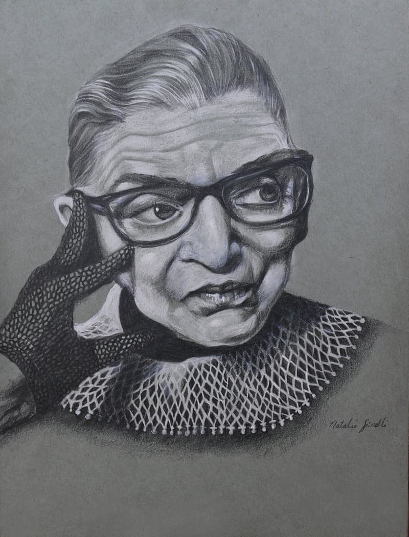 RBG Illustration for Woman's Magazine — graphite portrait by Natalie Spinelli, Ruth Bader Ginsburg with lace collar