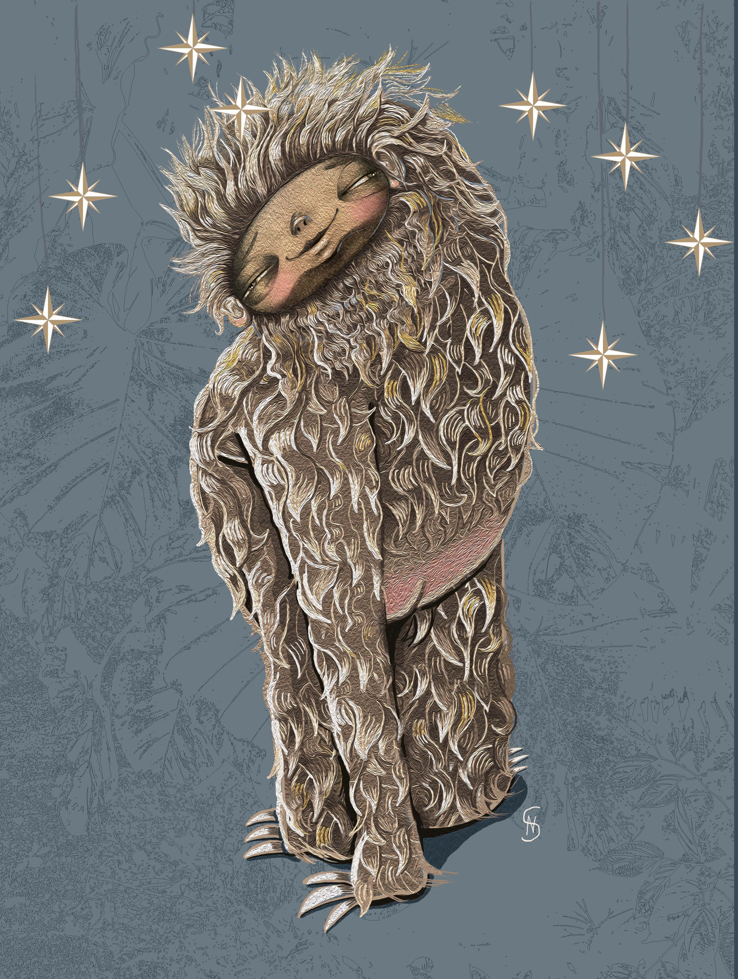 Sloth & Stars — pencil and digital illustration by Natalie Spinelli, dreamy sloth character under hanging stars