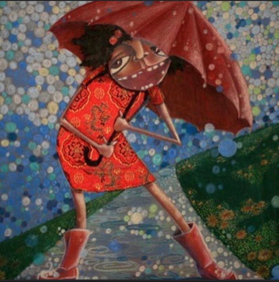 Polly Singing In The Rain — mixed media painting by Natalie Spinelli, girl with red umbrella walking in the rain