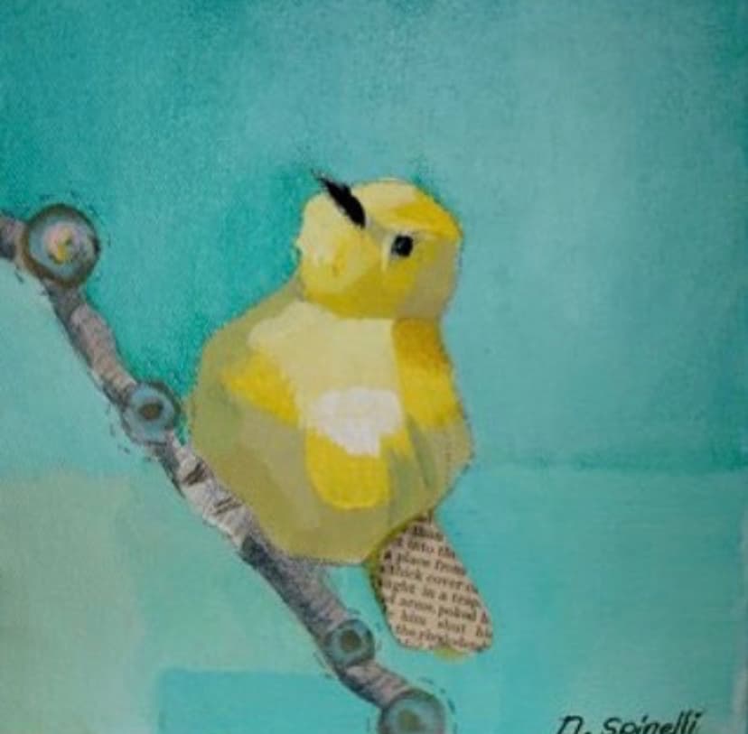 Little Bird — acrylic and collage painting by Natalie Spinelli, yellow bird on branch with newspaper collage