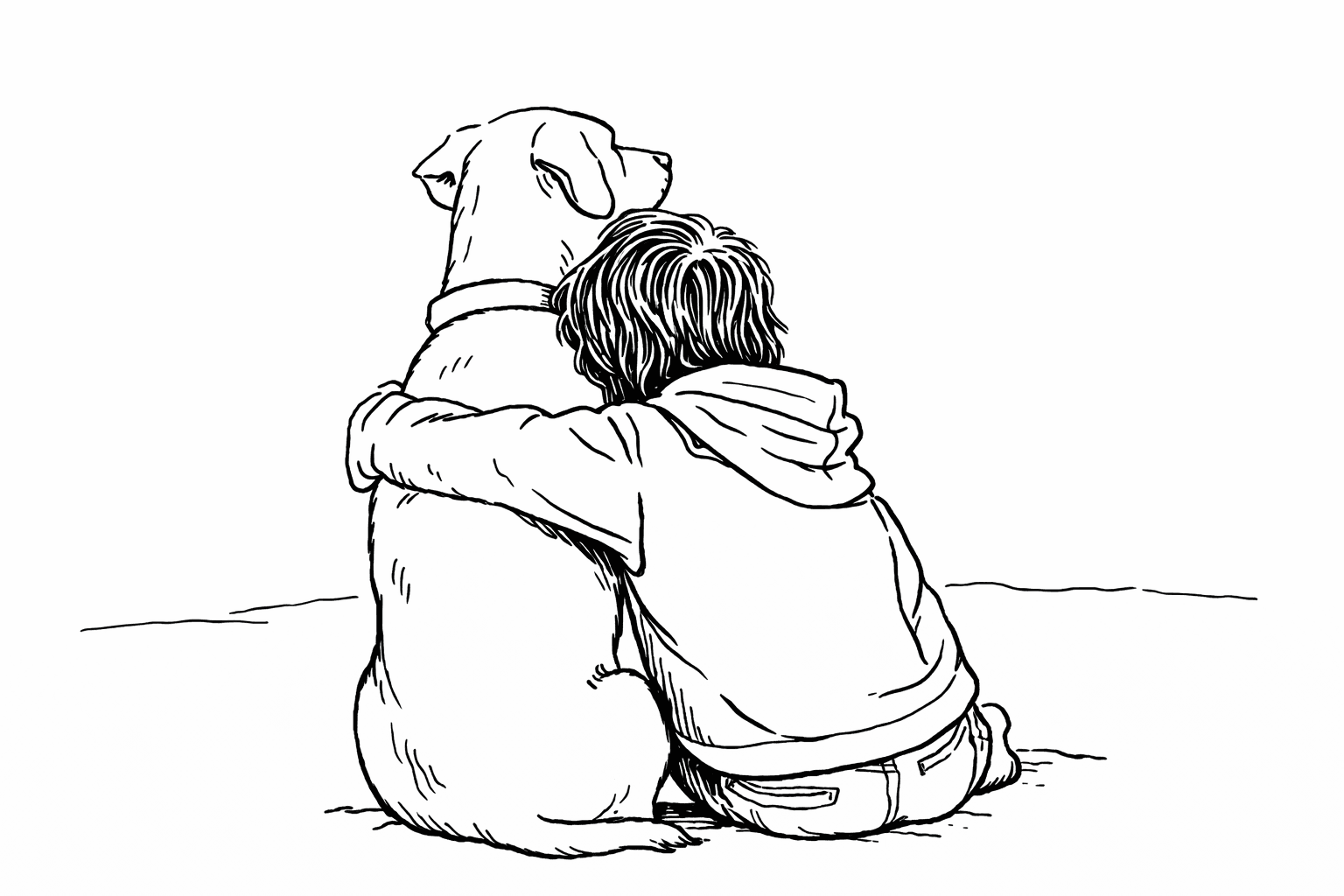 Best Friends — ink drawing by Natalie Spinelli, boy hugging dog from behind