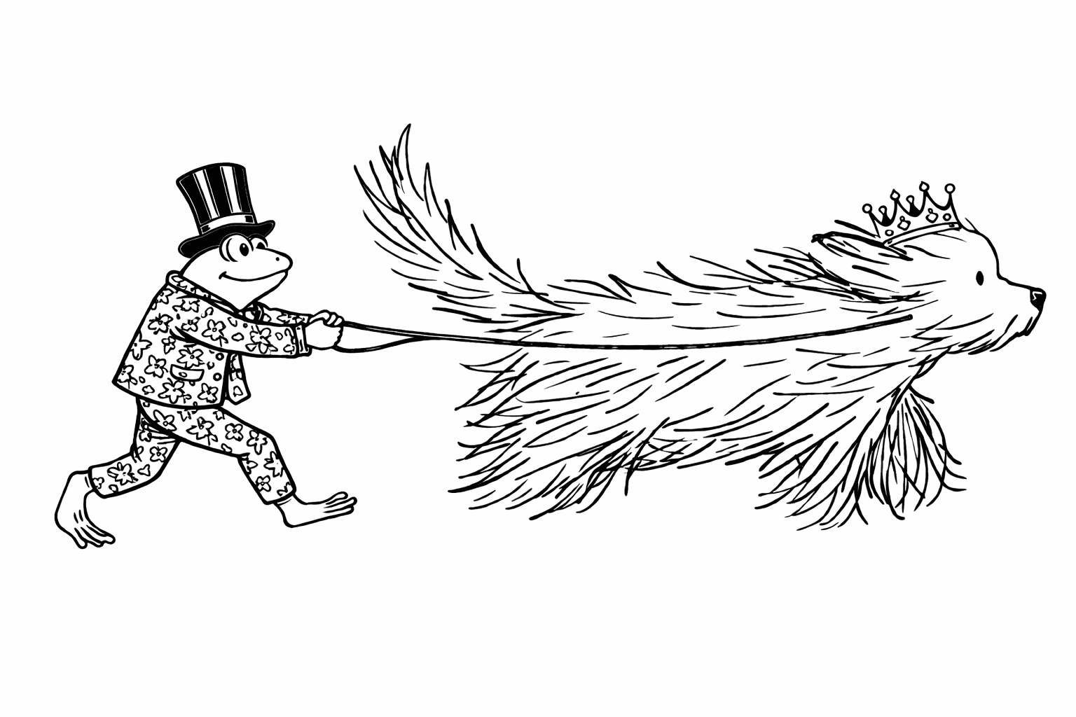 The Frog & The King — digital drawing by Natalie Spinelli, frog in top hat pulling porcupine