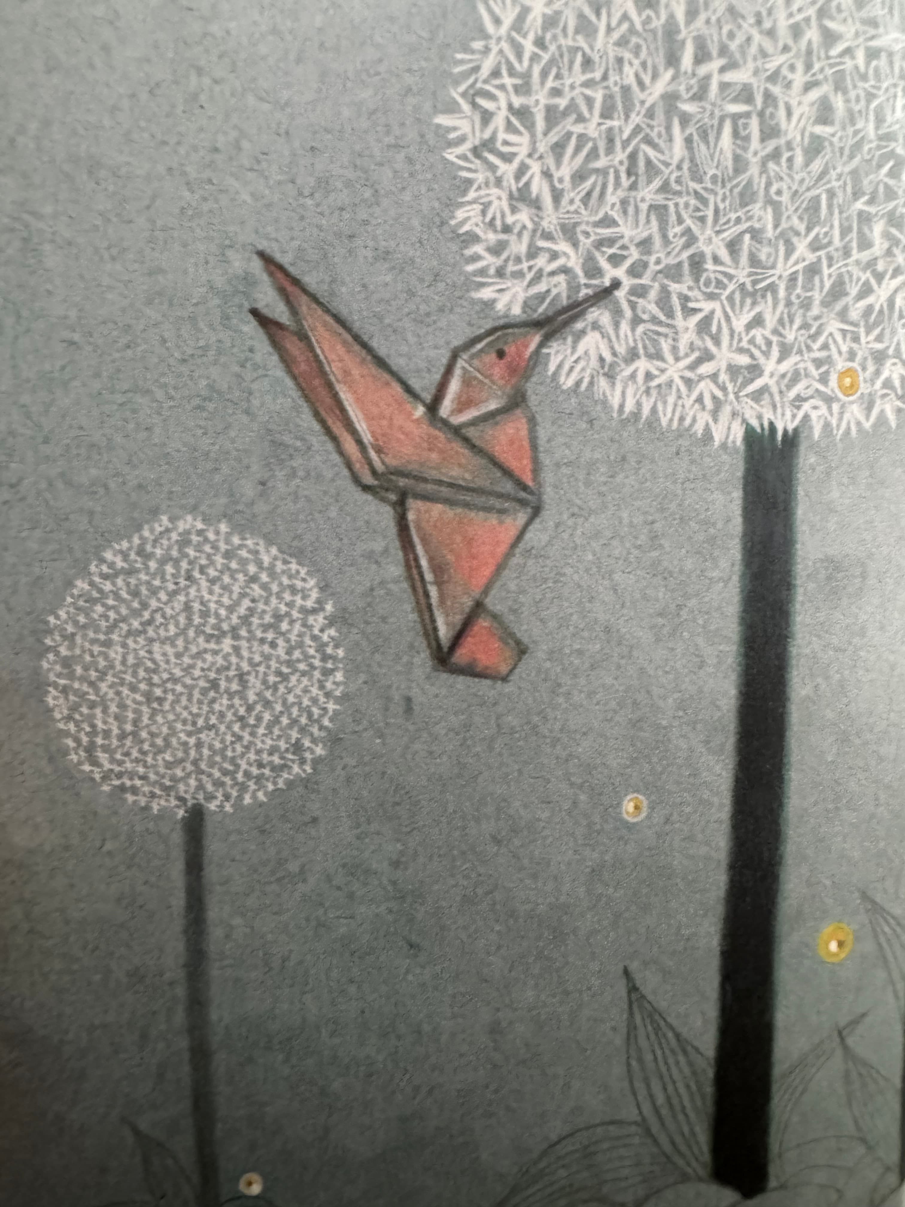 Origami Crane — colored pencil on toned paper by Natalie Spinelli